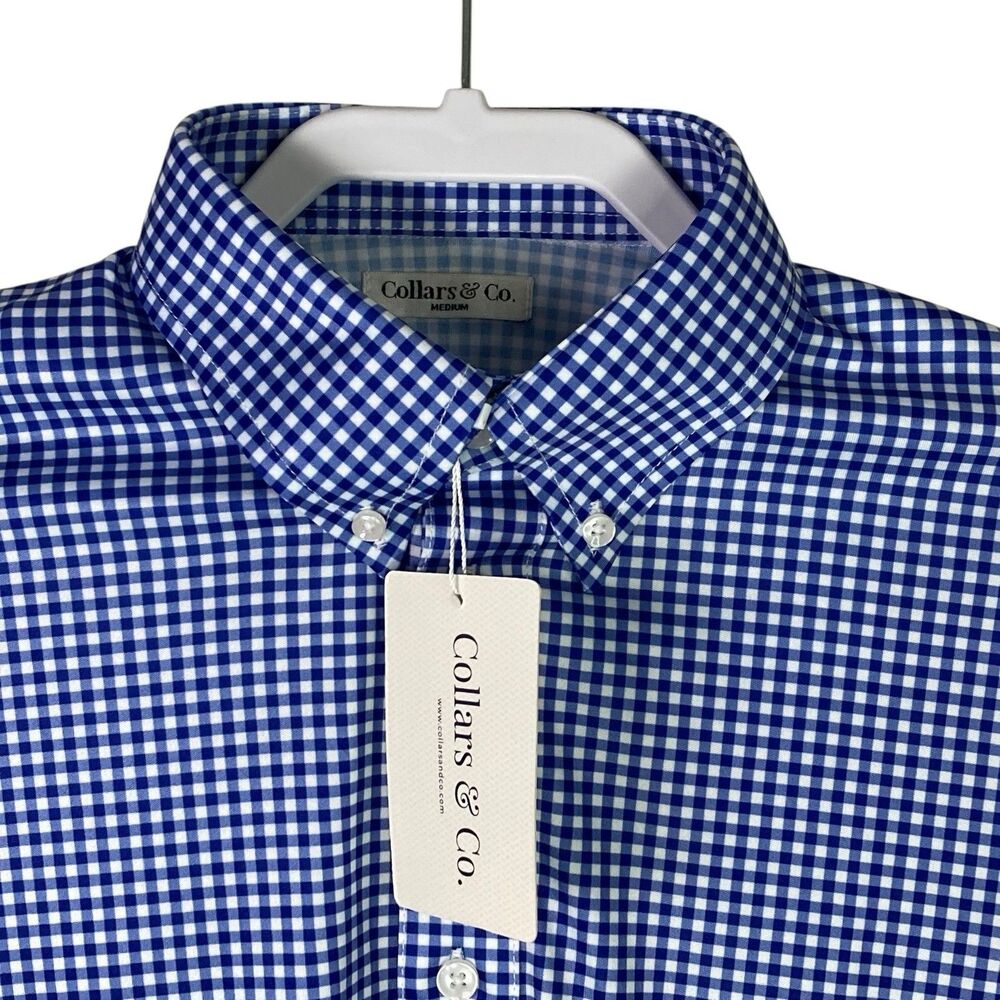 Collars & Co Polo Shirt Mens M Blue Gingham Button Down Dress Collar Stretch NWT